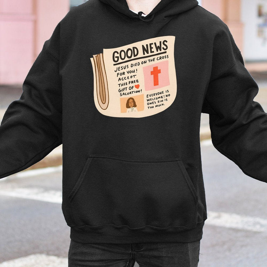 Good News Christian Hoodie | Jesus Salvation Gospel Newspaper Graphic | Premium Cotton Blend | Faith-Based Gift For Men And Women