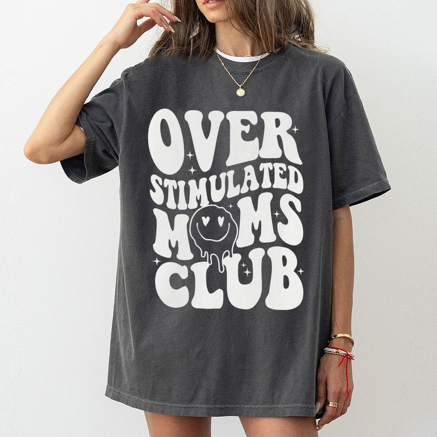 Over Stimulated Moms Club T-Shirt | Retro Groovy Smiley Face Graphic | 100% Premium Cotton | Funny Mother's Day 2026 Gift for New Mom