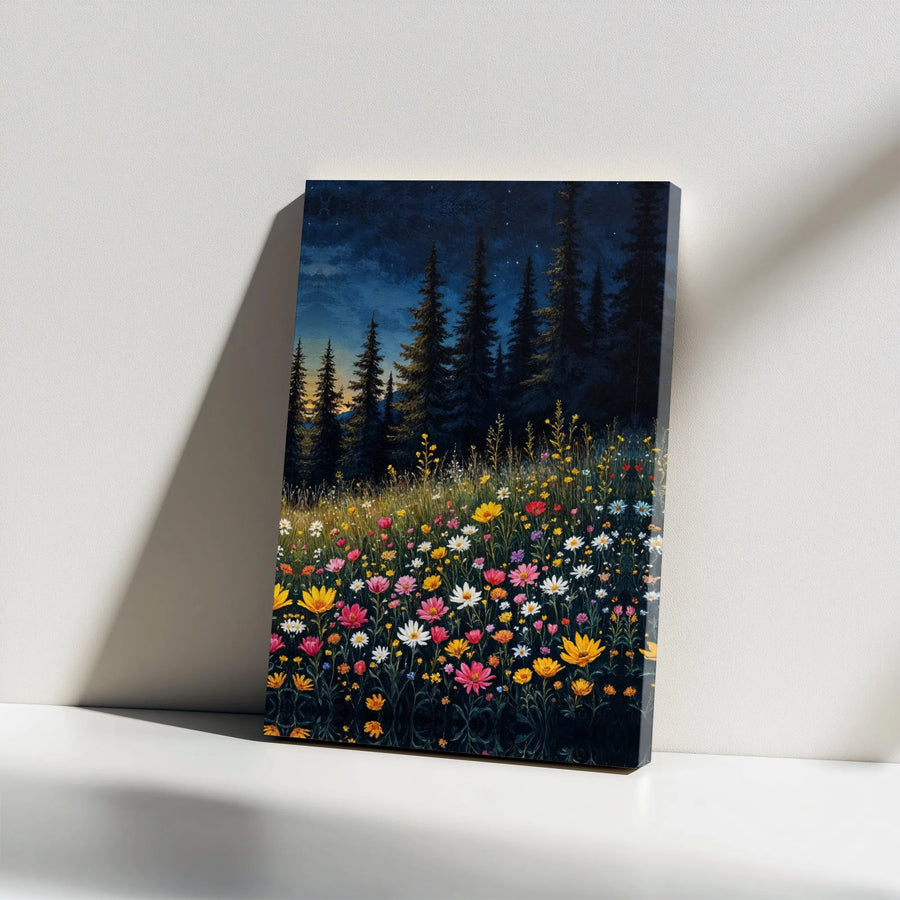 Night Sky Wildflower Meadow Vertical Canvas | Starry Forest Pine Trees & Vibrant Floral Art | Premium 1.25" Gallery Style Frameless Print | Nature Lover Gift & Cozy Living Room Decor