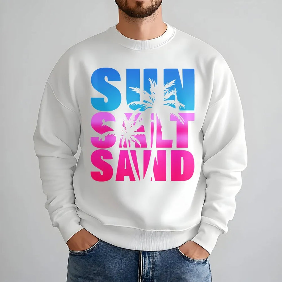 Sun Salt Sand Sweatshirt | Pink & Blue Ombre Palm Tree Graphic | Cozy Cotton Blend Pullover | Trendy Beach Lover Gift for Summer Vacation