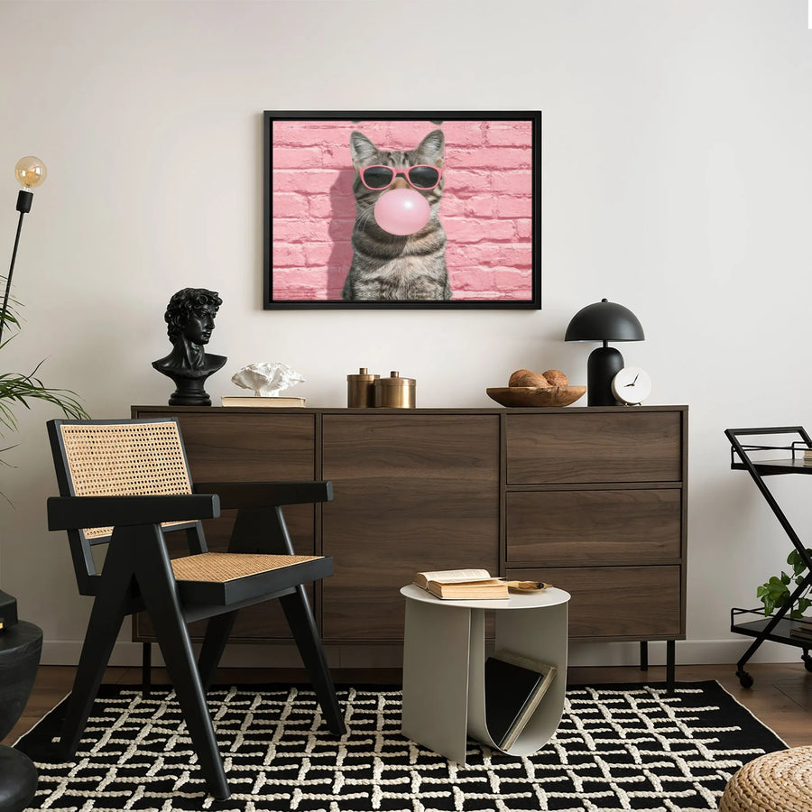 Cat Canvas Wall Art | Trendy Tabby With Pink Sunglasses & Bubble Gum | Gallery-Quality Fade-Resistant Print | Fun Modern Home Decor Gift