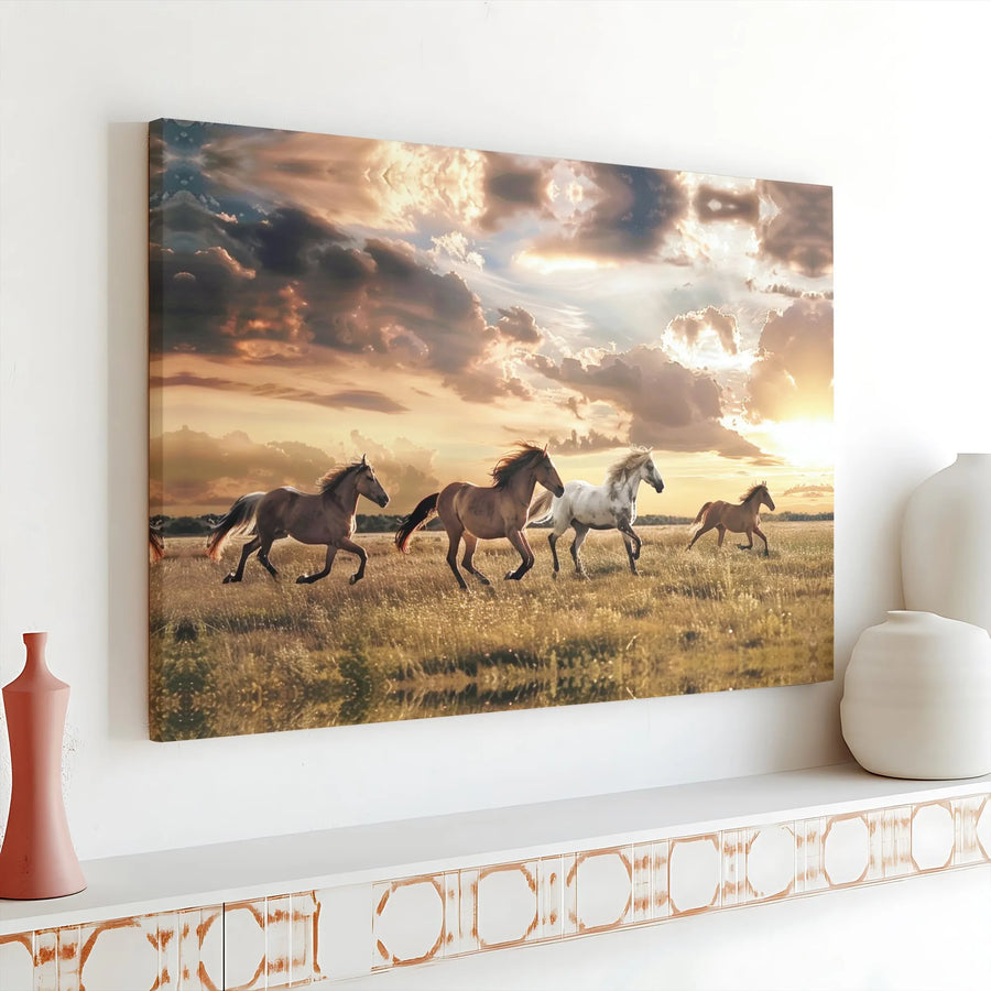 Wild Horse Canvas Wall Art | Running Horses at Sunset Landscape | Premium Gallery Wrap Print | Western Home Decor Gift for Horse Lovers