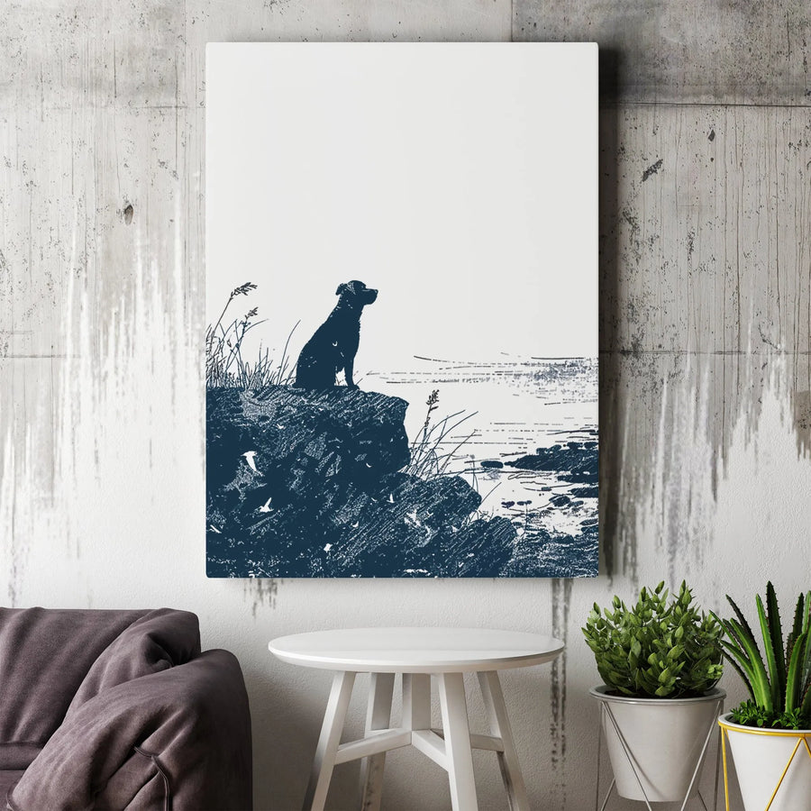 Dog Silhouette Wall Art | Coastal Labrador On Rocky Shore Print | Premium Gallery-Wrapped Canvas | Minimalist Home Decor Gift For Dog Lovers
