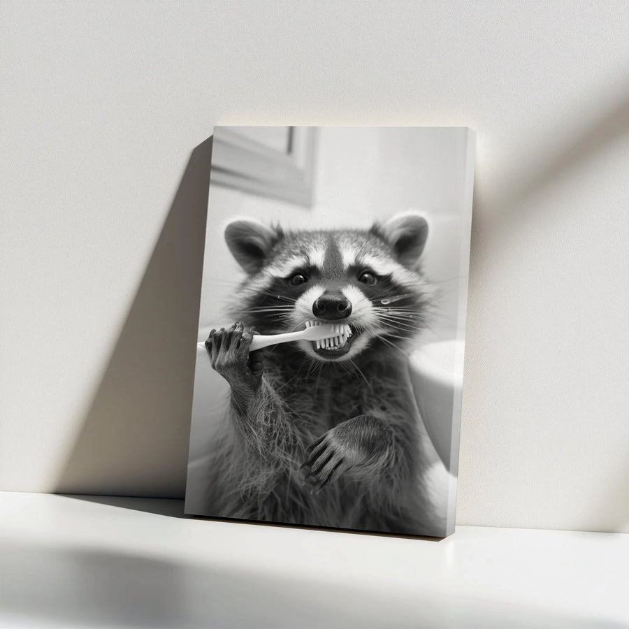 Funny Raccoon Bathroom Wall Art | Cute Animal Brushing Teeth Print | Premium Gallery Wrapped Canvas | Whimsical Home Decor Gift