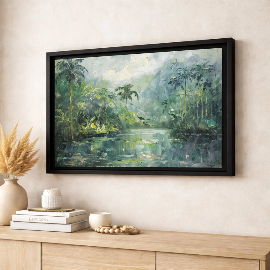 Tropical Jungle River Canvas Wall Art | Impressionist Palm Tree Landscape | Premium Framed Gallery Print | Nature Lover Home Decor Gift