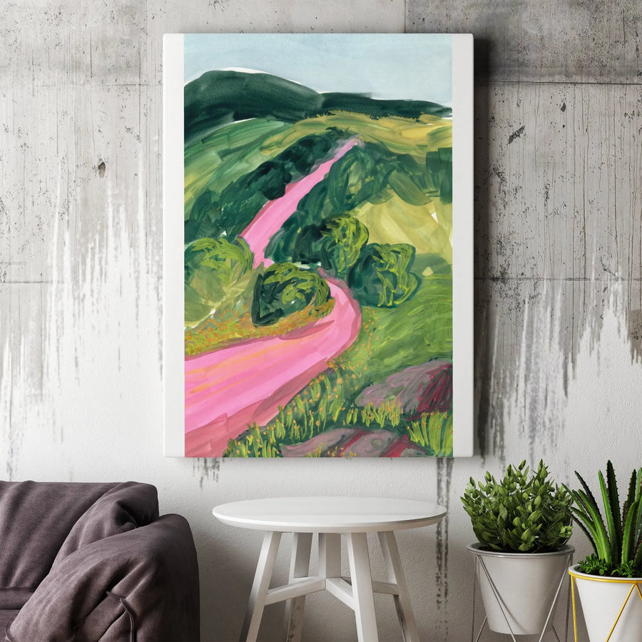 Abstract Landscape Canvas Print | Vibrant Pink Road Through Green Hills Art | Premium Thick Canvas | Modern Living Room & Office Decor Gift