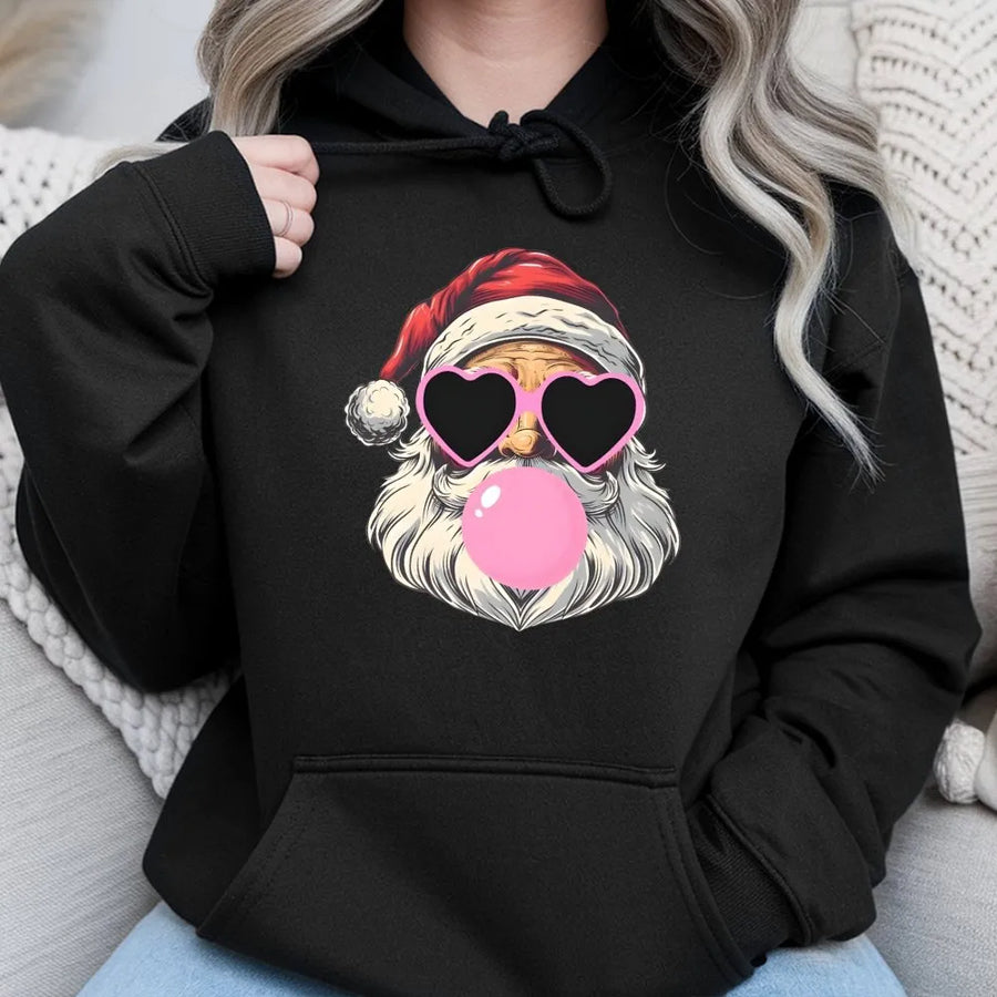 Cool Santa Hoodie | Retro Bubble Gum Santa with Heart Sunglasses | Premium Cotton Blend Unisex Sweatshirt | Funny Christmas Gift for Adults