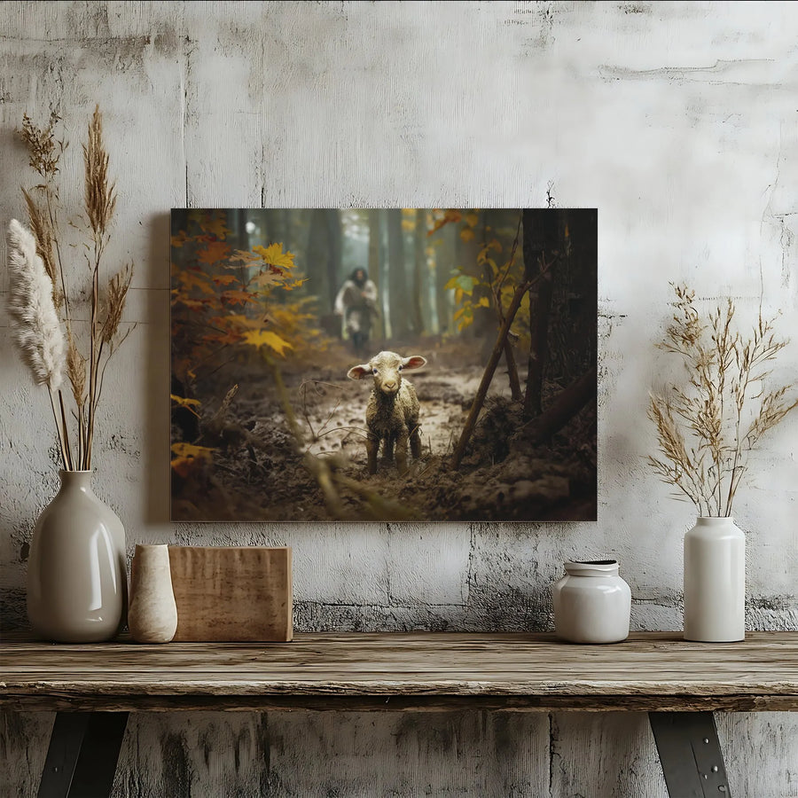 Jesus The Good Shepherd Canvas Art | Lost Lamb In Muddy Forest Print | 1.25 Inch Gallery Wrap Wall Decor | Christian Religious Home Gift