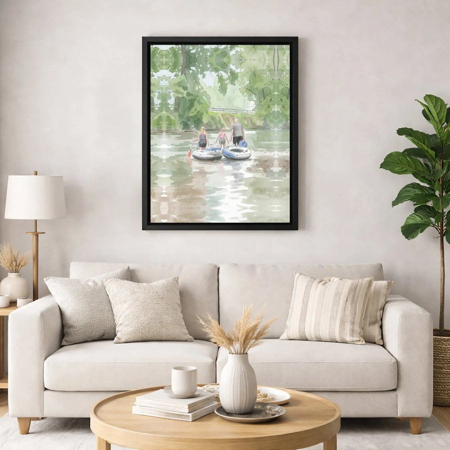 Family River Tubing Canvas Print | Watercolor Summer River Scene | 1.25-Inch Gallery Wrapped Wall Art | Outdoor Adventure Gift for Home Decor