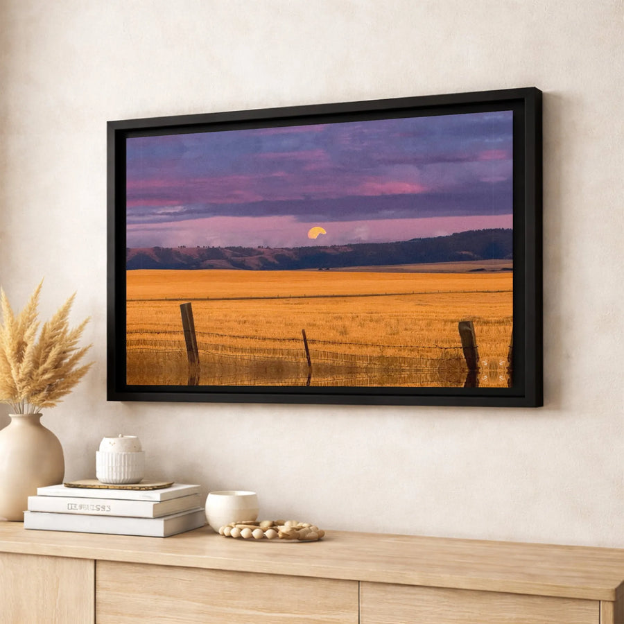 Rural Landscape Wall Art | Moonrise Over Golden Field Canvas Print | 1.25-Inch Gallery Wrap | Farmhouse Home Decor for Living Room