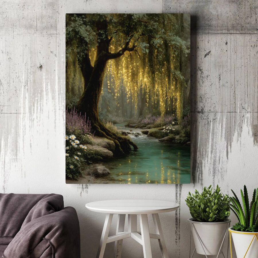 Enchanted Forest Canvas Wall Art | Glowing Willow Tree Landscape | Premium Fade-Resistant Gallery Wrap | Magical Nature Decor For Home Office