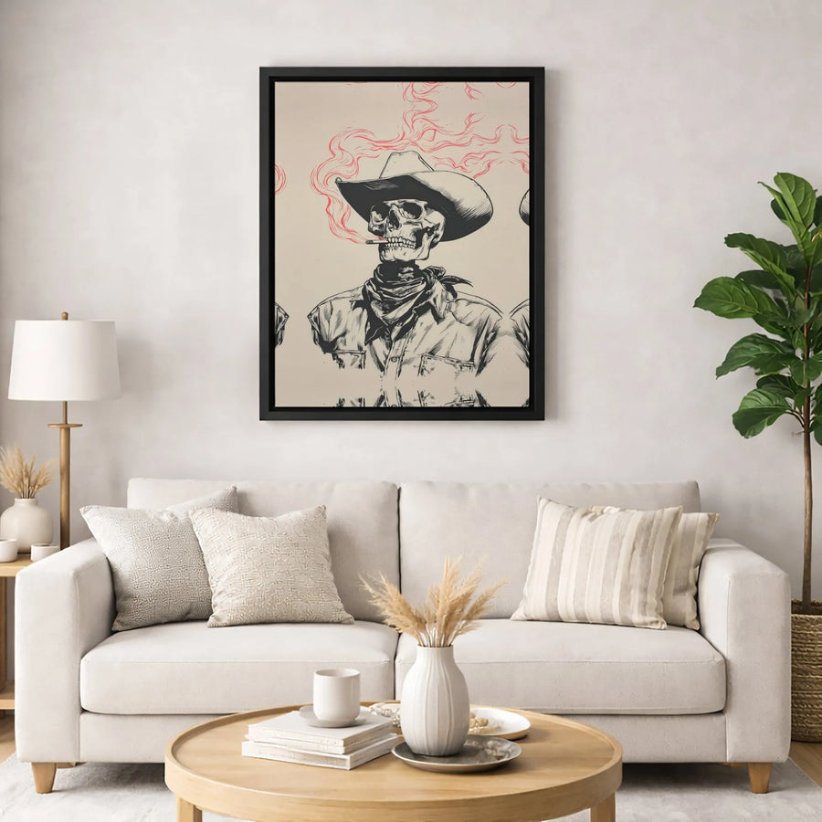 Smoking Cowboy Skeleton Canvas Wall Art | Western Gothic Illustration | Premium Fade-Resistant Print | Edgy Home Decor Gift