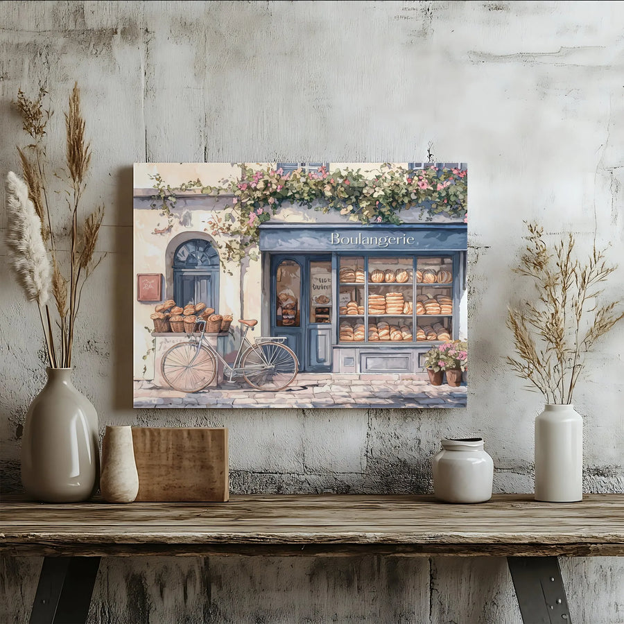 French Bakery Canvas Print | Watercolor Boulangerie with Bicycle | Premium Gallery Wrap Wall Art | Kitchen Decor Gift for Travel Lovers