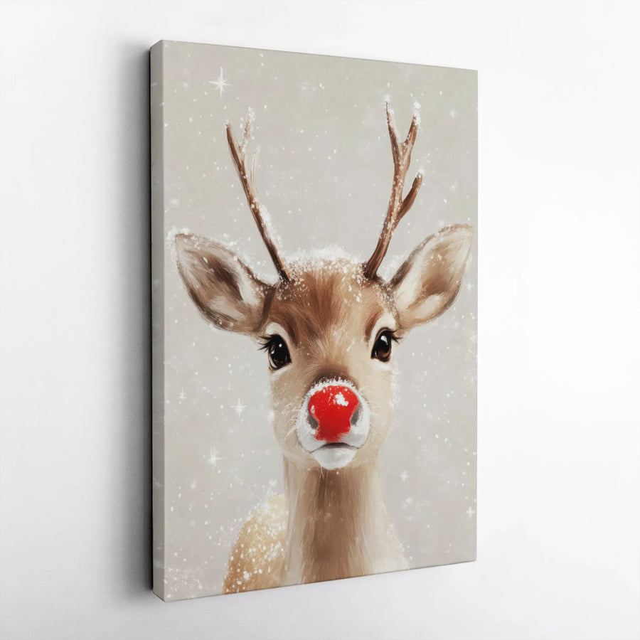 Red Nosed Reindeer Canvas Wall Art | Christmas Holiday Animal Portrait | Premium Gallery Wrapped Print | Cute Winter Decor Gift for Home