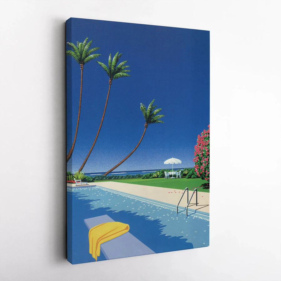 Retro Poolside Canvas Wall Art | 80s City Pop Aesthetic Palm Trees | Premium Gallery Wrap Decor | Modern Summer Home Office Gift
