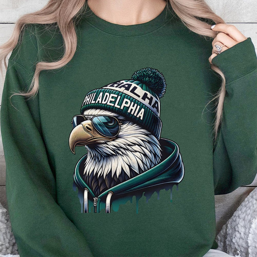 Philadelphia Eagle Wearing A Beanie, Sunglasses, And A Sweatshirt