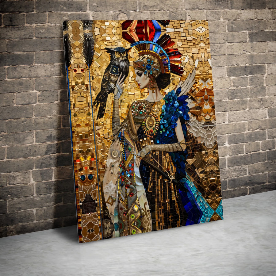 Goddess with Owl Canvas Wall Art | Golden Mosaic Warrior Print | Premium Gallery Wrapped Decor | Mythological Home & Office Wall Decor Gift