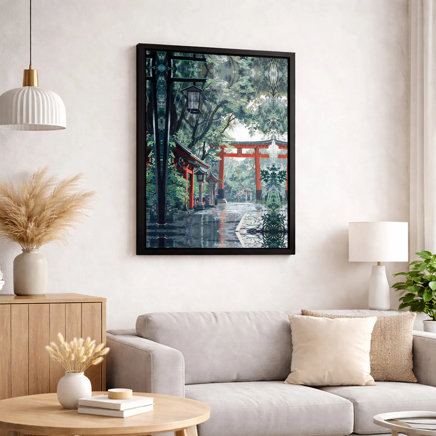 Japanese Torii Gate Canvas Print | Rainy Shrine Landscape Wall Art | Gallery-Quality 1.25" Premium Canvas | Serene Zen Decor For Home Or Office