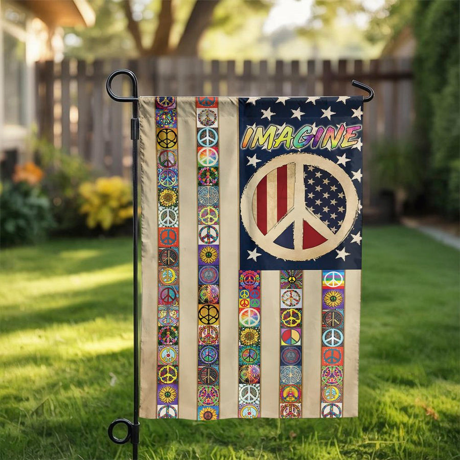 Imagine Peace Garden Flag | American Flag Hippie Boho Design | Premium Weather-Resistant Polyester | Patriotic Outdoor Yard Decor Gift