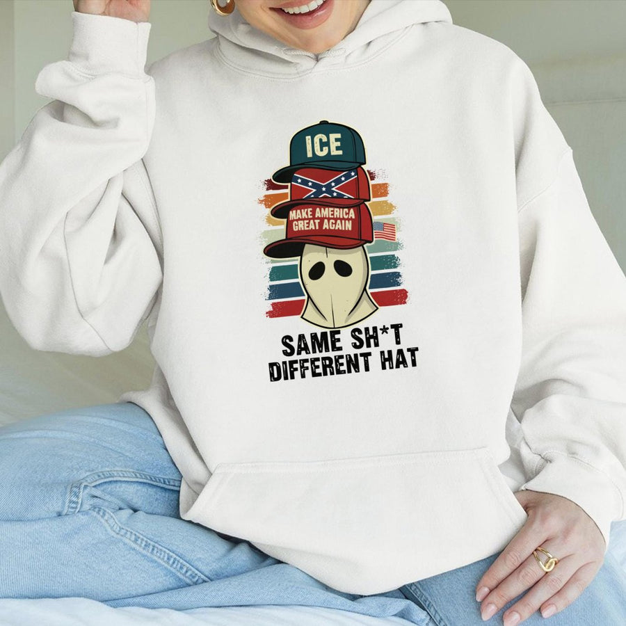 Parody Hoodie | Same Sh*t Different Hat Graphic Design | Premium Cotton-Poly Blend | Unisex Satirical Statement Apparel