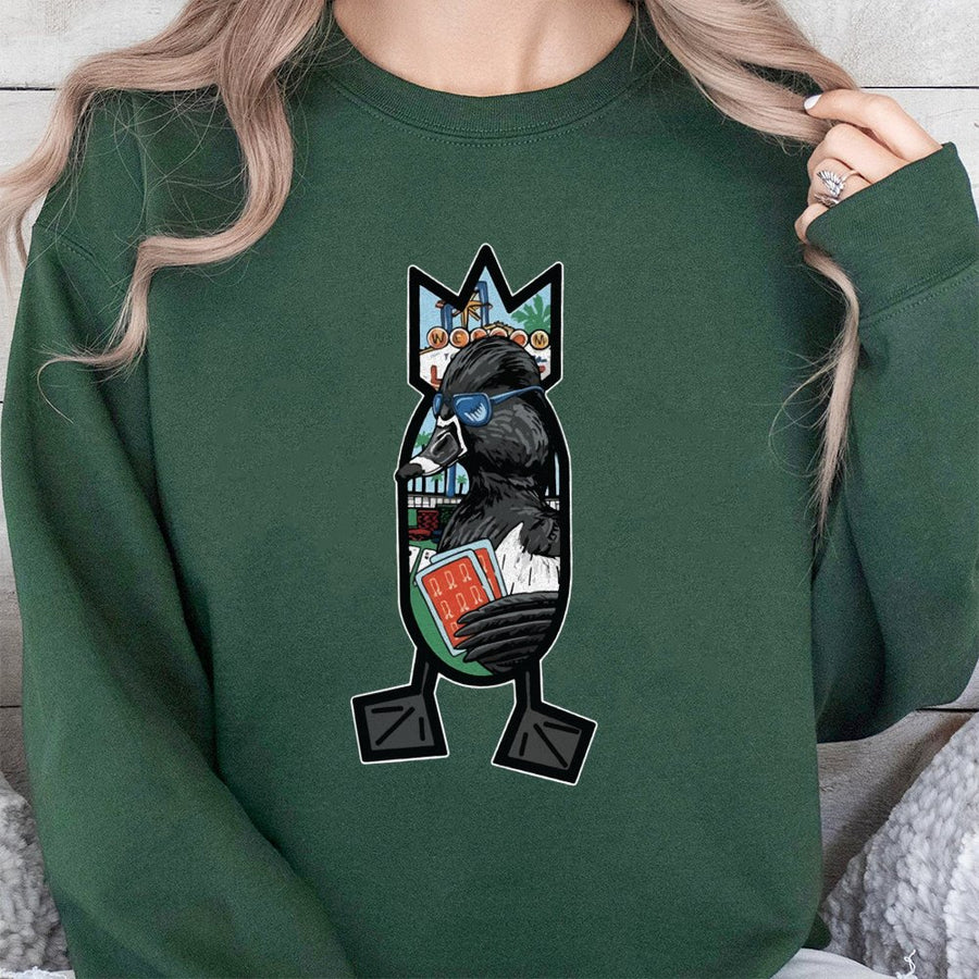 Bomber Duck Sweatshirt | Las Vegas Casino Poker Card Graphic | Soft Cotton Blend | Unique Gift for Gamblers and Waterfowl Lovers