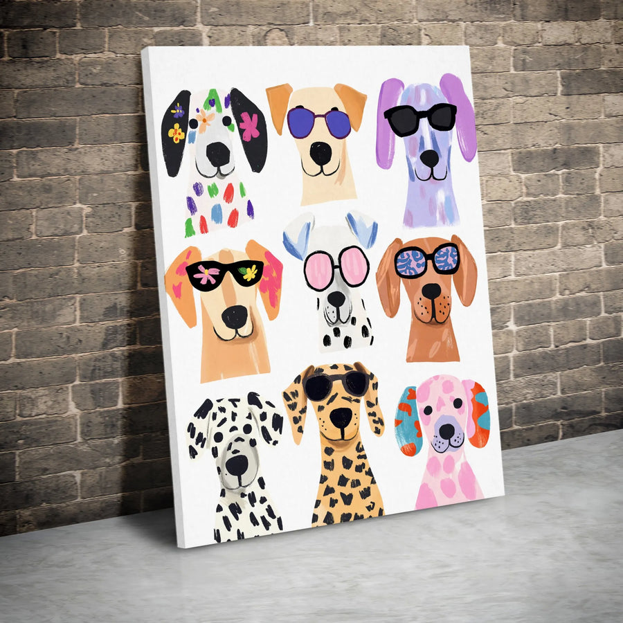 Dog Wall Art Canvas | Colorful Pop Art Puppy Portraits With Sunglasses | Premium Gallery Wrapped Print | Fun Gift For Dog Lovers & Modern Home Decor