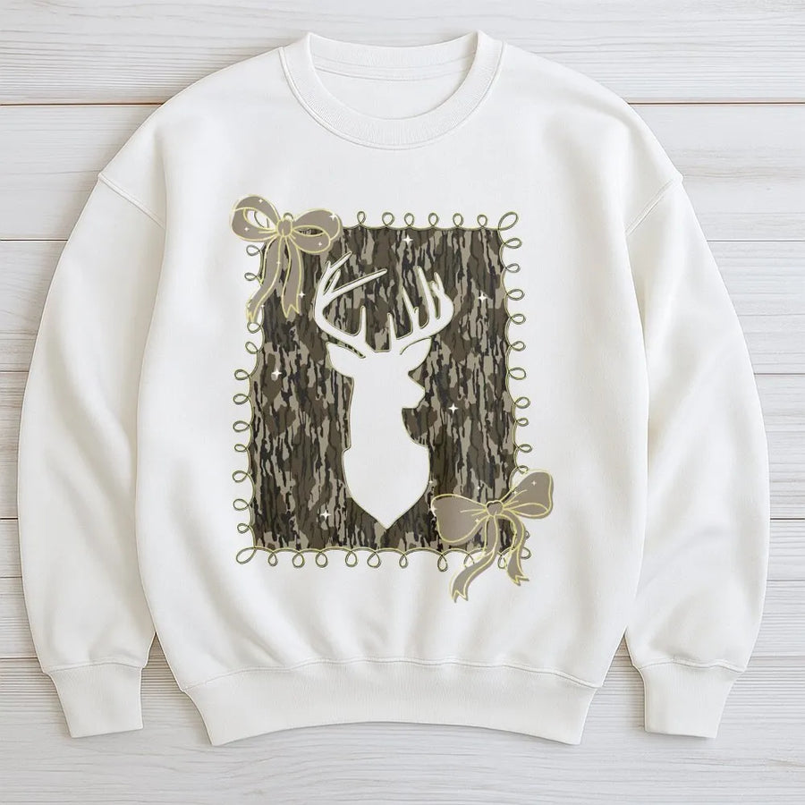 Camo Deer Head Sweatshirt | Rustic Bow Graphic Design | Premium Cotton-Poly Blend | Country Girl Hunting Gift for Women