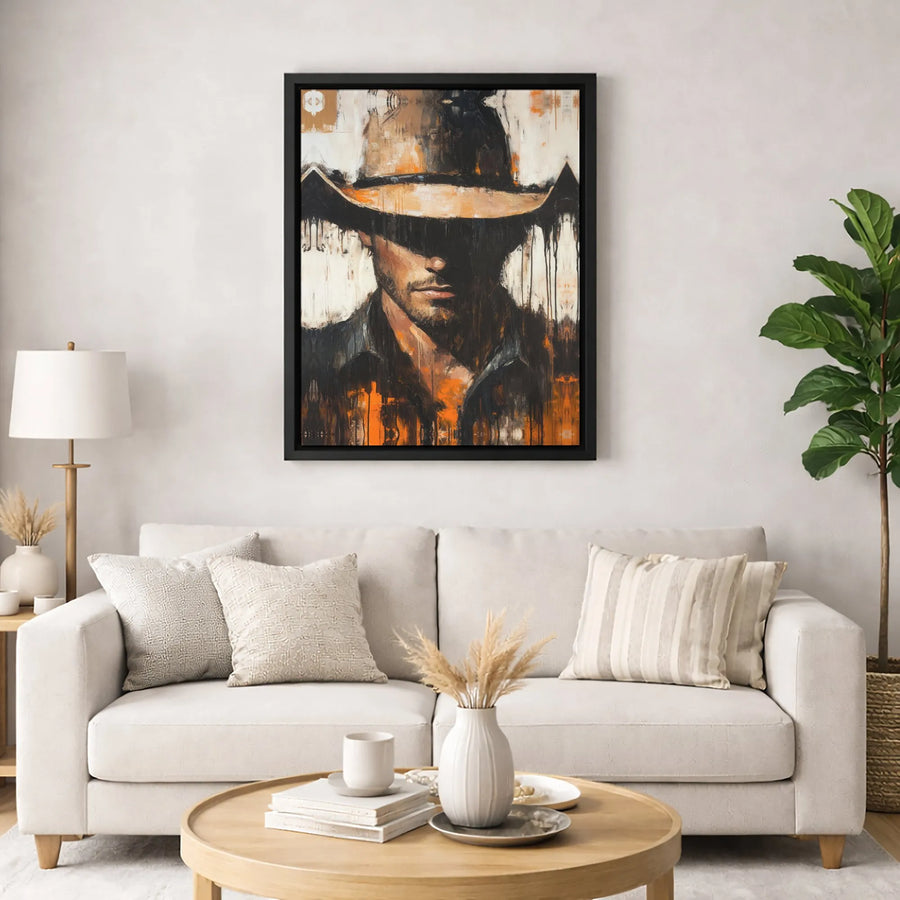 Western Cowboy Wall Art | Abstract Mysterious Man Portrait | Premium 1.25" Gallery Canvas | Rustic Modern Home Decor Gift