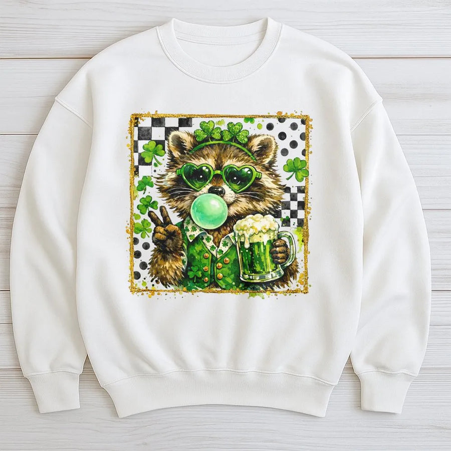 St. Patricks Day Raccoon Sweatshirt | Funny Drinking Irish Shamrock Design | Premium Cotton Blend Crewneck | Unisex Holiday Gift for Men Women