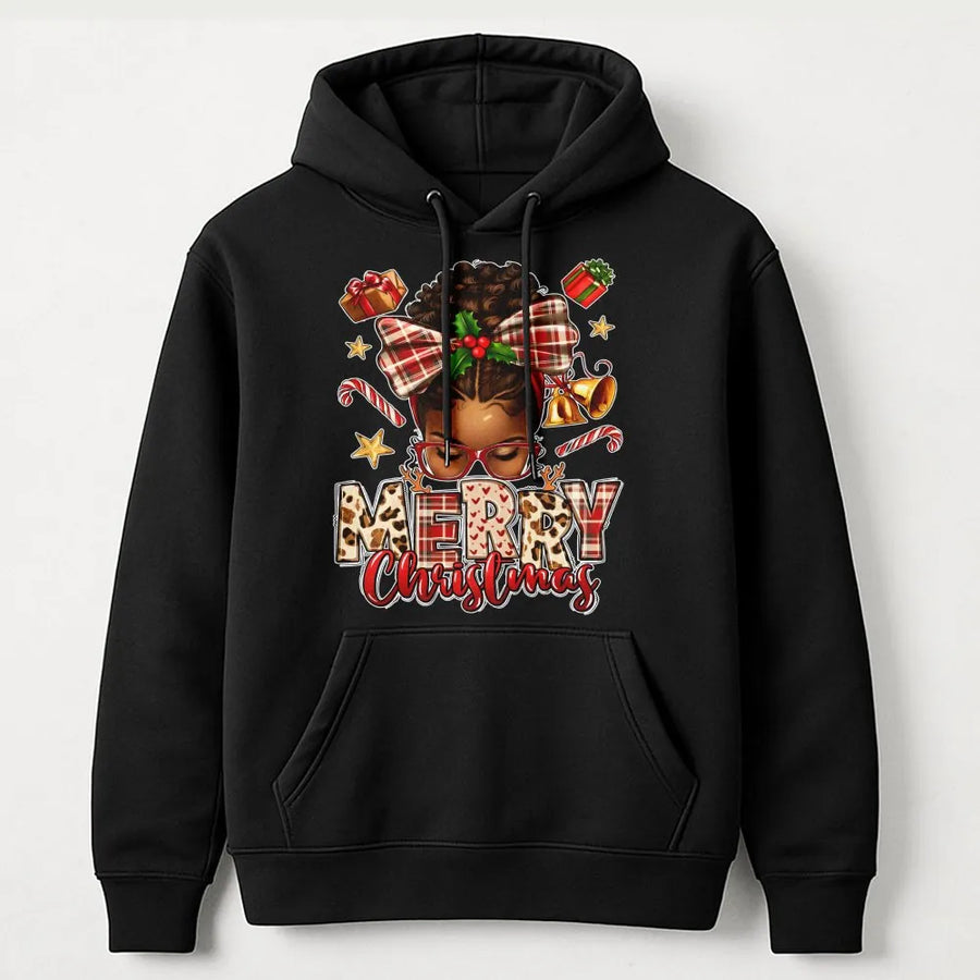 African American Merry Christmas Hoodie | Afrocentric Holiday Bun Graphic | Premium Cotton Blend | Black Queen Gift for Women