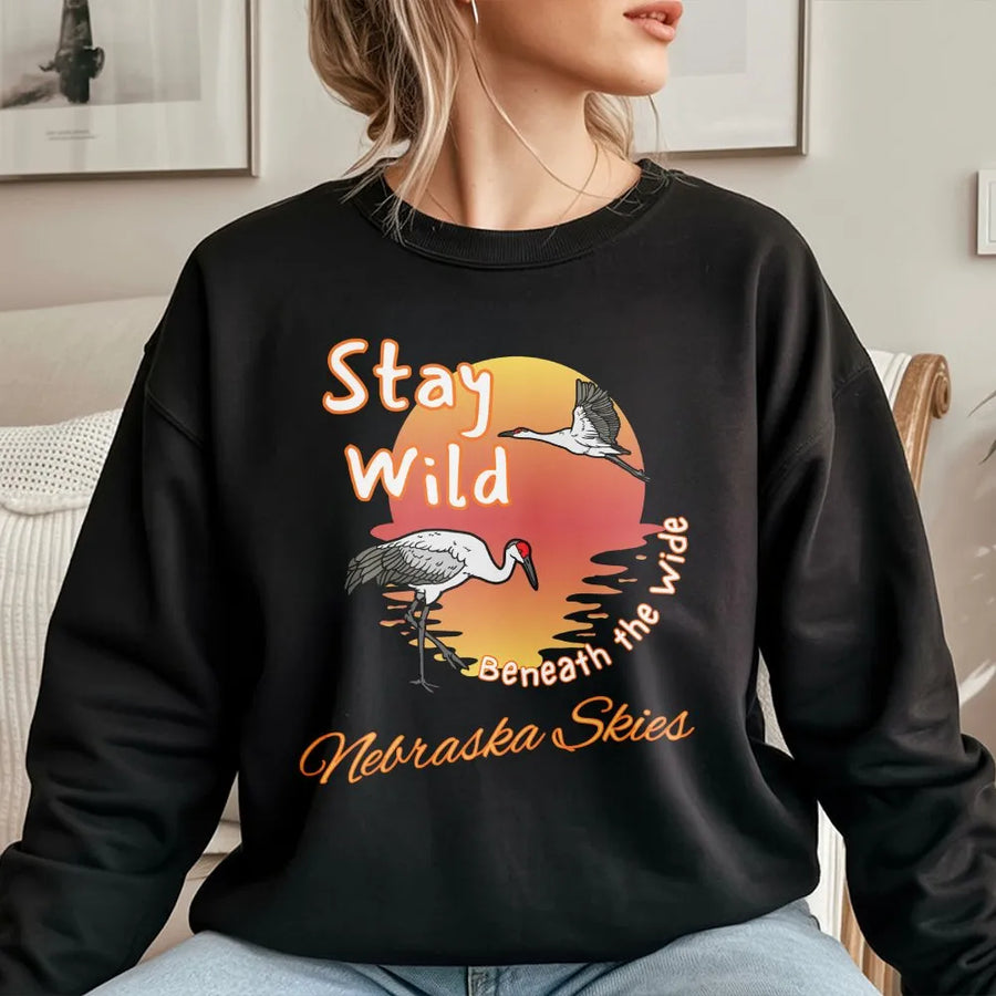 Nebraska Sandhill Crane Sweatshirt | Stay Wild Sunset Graphic | Premium Cotton Tee | Gift for Nature Lover