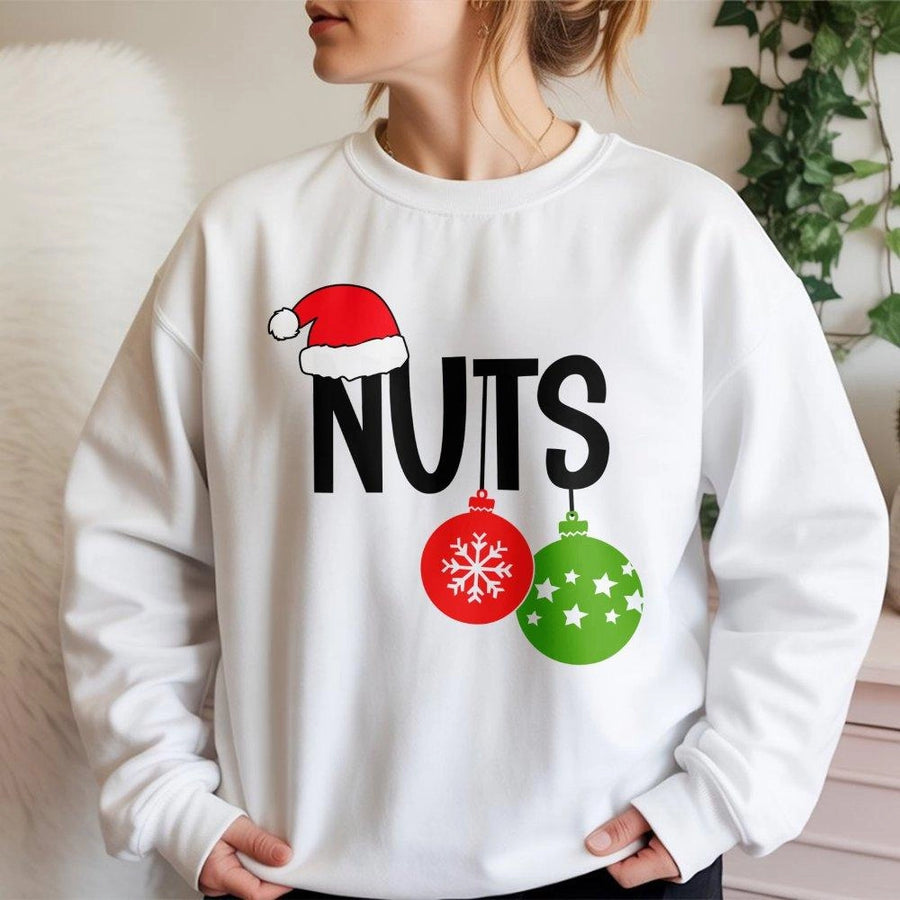 Funny Christmas Nuts Sweatshirt | Cheeky Santa Hat Holiday Graphic | Premium Cotton Blend | Unisex Couples Matching Ugly Sweater Gift
