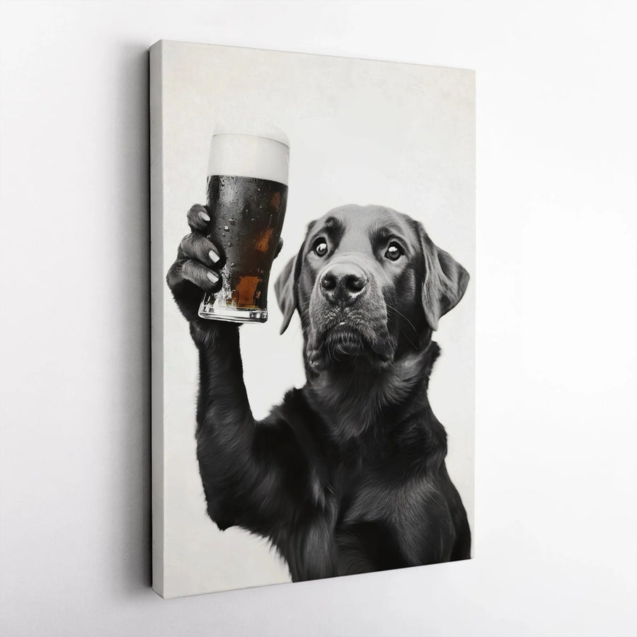 Black Labrador Beer Canvas Print | Funny Dog Drinking Beer Wall Art | Premium Gallery Wrap Decor | Unique Gift For Beer And Dog Lovers