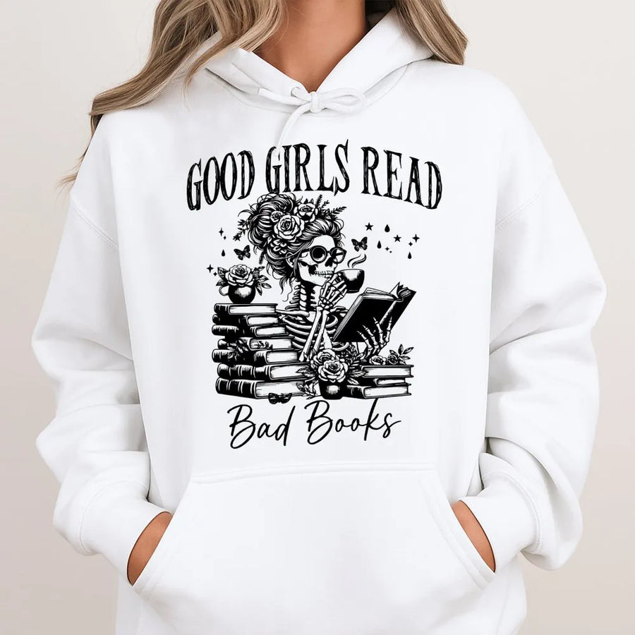Good Girls Read Bad Books Hoodie | Gothic Skeleton Reading Design | Premium Cotton Blend | Gift For Book Lovers And Dark Romance Readers