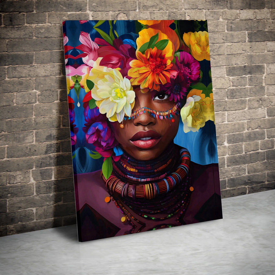 Black Woman with Flowers Canvas Print | Vibrant Floral Headdress Portrait | Premium Gallery Wrapped Canvas | Modern Afrocentric Home Decor Gift