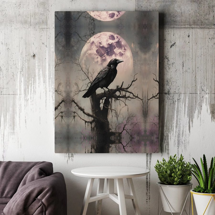 Gothic Raven Canvas Wall Art | Mystic Crow on Spooky Tree | Premium Fade-Resistant Print | Dark Academia Home Decor Gift