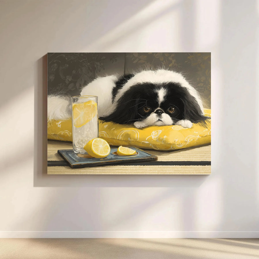 Japanese Chin Dog Canvas Wall Art | Cute Pet Portrait With Lemonade | Premium Gallery Wrap Print | Whimsical Home Decor Gift For Dog Lovers
