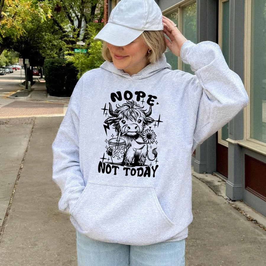 Highland Cow Hoodie | Nope Not Today Coffee Graphic | Premium Cotton Blend | Funny Farm Animal Lover Gift