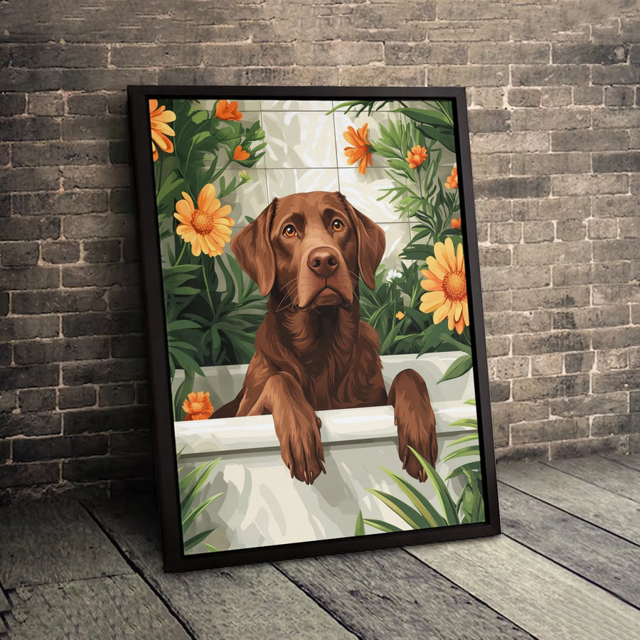 Chocolate Labrador Wall Art | Cute Dog In Bathtub With Floral Decor | 1.25-Inch Premium Gallery Wrap Canvas | Gift For Dog Lovers & Pet Owners