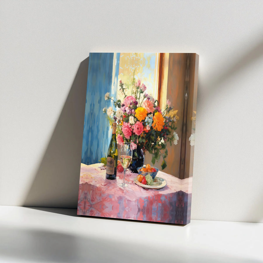 Floral Still Life Canvas Print | Impressionist Wine & Bouquet Wall Art | Premium Gallery Wrapped Decor | Sophisticated Gift for Wine Lovers
