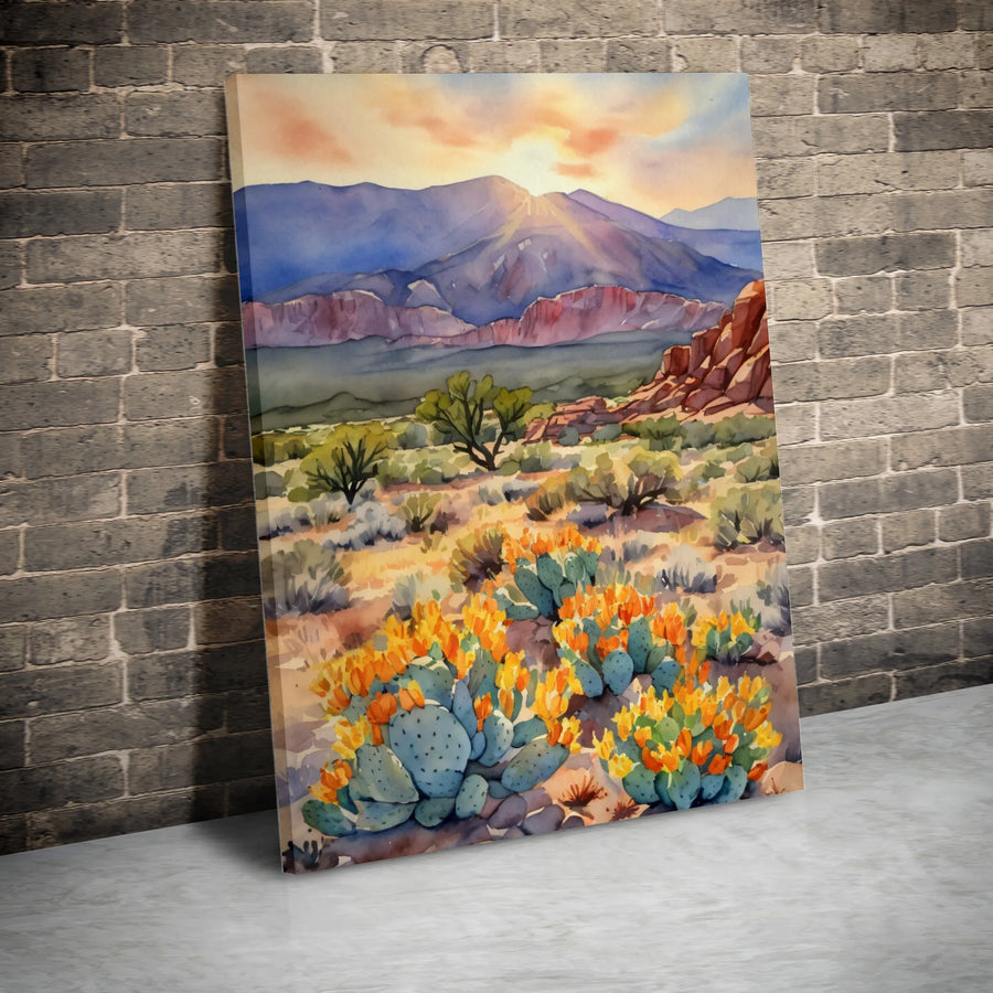 Desert Landscape Canvas Print | Watercolor Prickly Pear Cactus Sunrise | Gallery Quality 1.25" Profile | Southwestern Boho Home Decor Gift