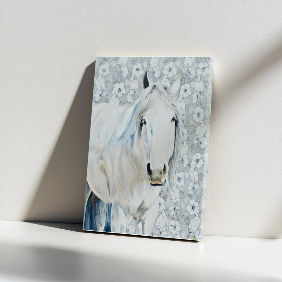 White Horse Canvas Wall Art | Watercolor Painting with Floral & Dove Pattern | Premium Gallery Wrapped Canvas | Equestrian Home Decor Gift