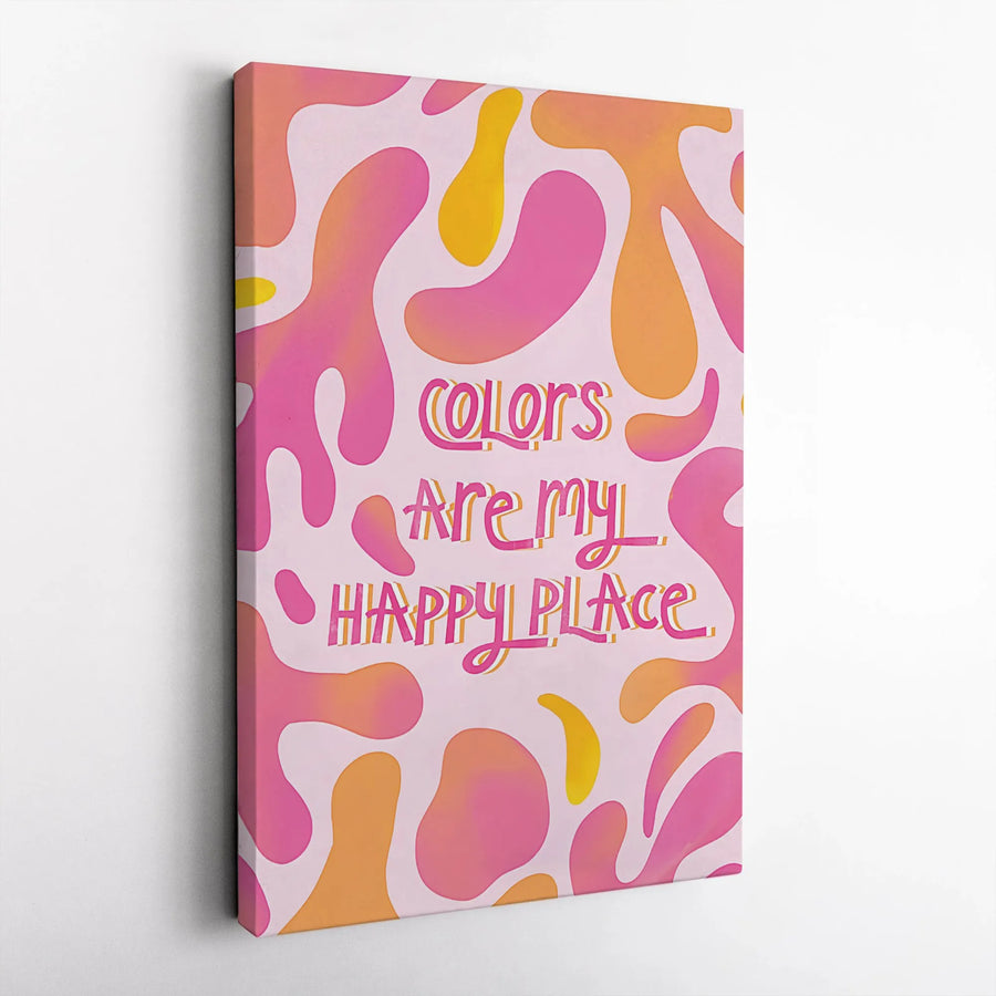 Colors Are My Happy Place Canvas Wall Art | Abstract Pink Yellow Retro Shapes | Premium Gallery Wrap Decor | Inspirational Quote Gift for Her