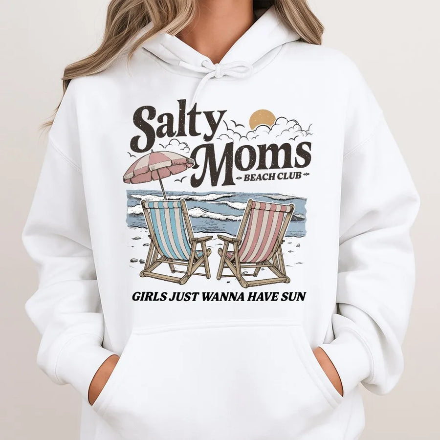 Salty Moms Beach Club Hoodie | Vintage Coastal Graphic Sweatshirt | Premium Cotton-Blend | Gift for Mom Summer Vacation Lover