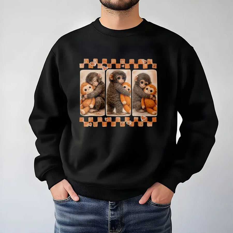 Cute Monkey Sweatshirt | Baby Monkey Hugging Plush Graphic Design | Premium Cotton Blend | Animal Lover Birthday Gift for Women and Men