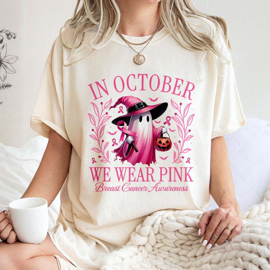 In October We Wear Pink T-Shirt | Halloween Ghost Breast Cancer Awareness | 100% Cotton Premium Tee | Support Survivor Gift For Women