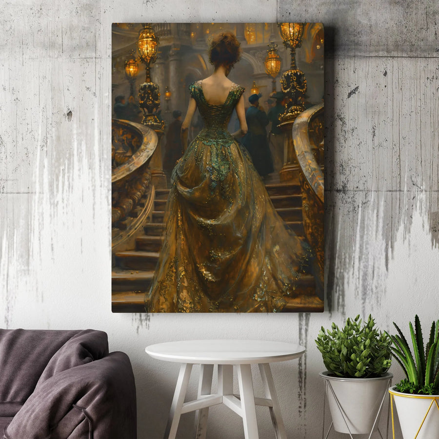 Victorian Woman Wall Art | Elegant Green and Gold Ball Gown on Staircase | Premium Gallery Canvas | Luxury Home Decor Gift for Art Lovers