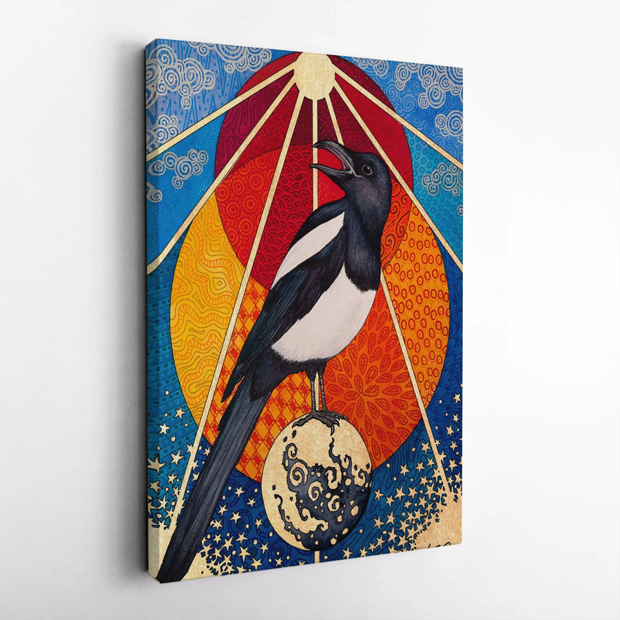 Celestial Magpie Wall Art | Mystical Bird and Moon Gold Sun Canvas | Premium Gallery Wrapped Decor | Unique Bird Lover Gift