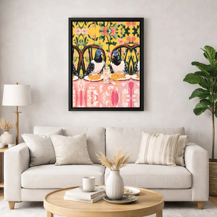 Pigeon Eating Spaghetti Canvas Art | Whimsical Bird Dinner Scene | Premium Gallery Wrap Print | Fun Kitchen & Dining Room Wall Decor
