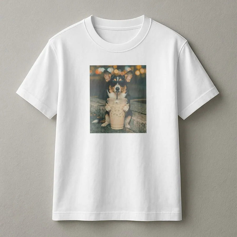 Funny Corgi T-Shirt | Corgi with Sunglasses Drinking Coffee | Soft Cotton Polyester Blend | Gift for Dog Mom & Corgi Lover
